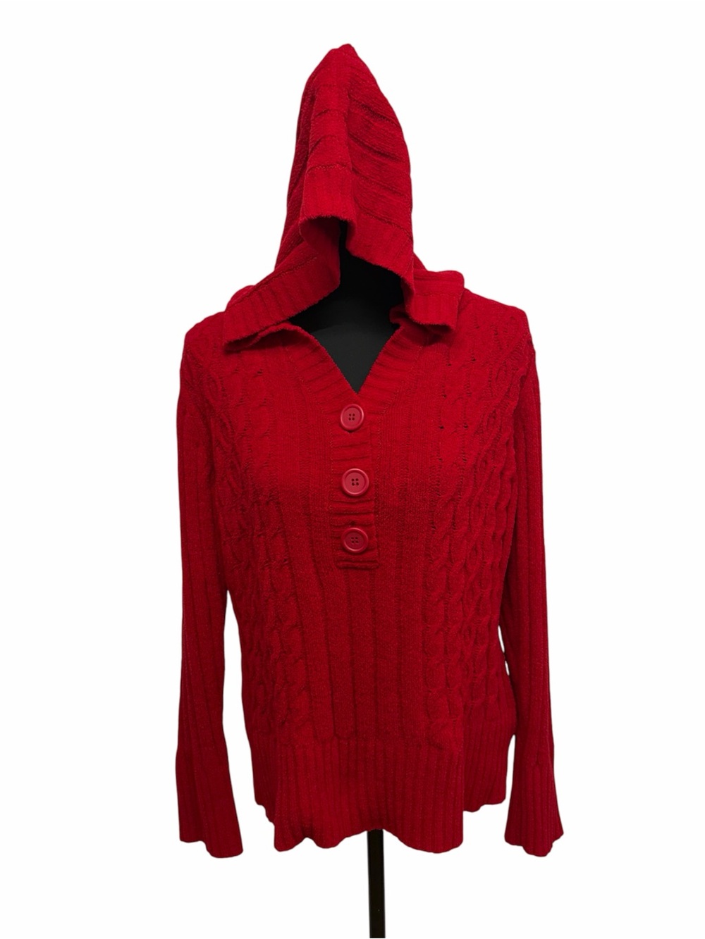 NorthCrest Large Red Cable Knit Hooded Sweater Cozy Cottagecore Pullover